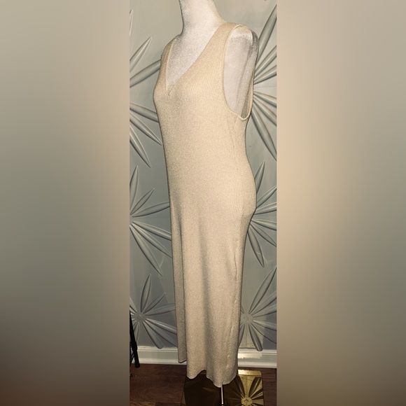 EUC Rachel Zoe SZ XL beige/gold knit sleeveless dress w/dual V-neck/bust 34-54 - Picture 3 of 10